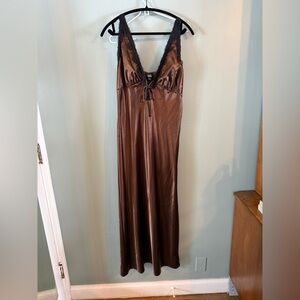 Wild Fable Brown Satin Chemise with Black Lace
